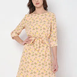 Vero Moda Boat Neck Floral Printed A-Line Dress With Belt-image-123