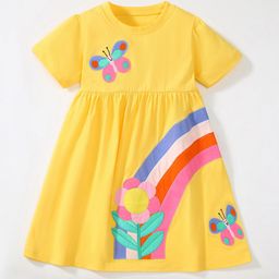 StyleCast Girls Yellow & Blue Applique Work Pure Cotton Fit and Flare Dress-image-79