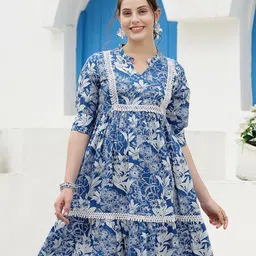 Stylum Blue & white Floral Printed V-Neck Cotton A-Line Dress-image-47