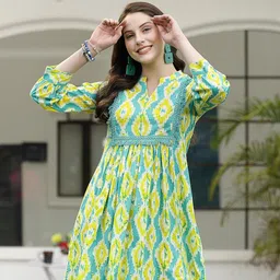 Stylum Green & Blue Ethnic Motifs Printed Mandarin Collar Cotton A-Line Dress-picture-18