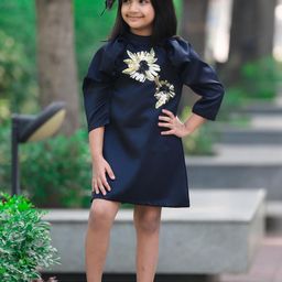 Fairies Forever Girls Embellished High Neck Puff Sleeves Satin Cotton A-Line Dress-picture-7