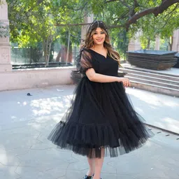 Swadeshi Shringaar Plus Size V Neck Net A-Line Dress image 1