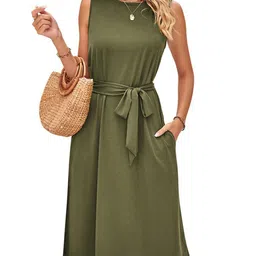 StyleCast Olive Green Tie-Up Detailed A-Line Dress-picture-3