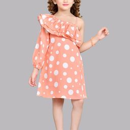 Pink Chick Girls Polka Dot Printed One Shoulder Cotton A-Line Dress With Matching Clip-image-34