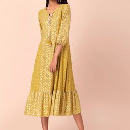 Rang by Indya Yellow & White A-Line Midi Dress-picture-29