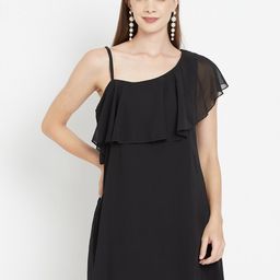 Purple State Black One Shoulder Layered Georgette A-Line Dress-image-99