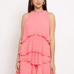 MARC LOUIS Peach-Coloured Halter Neck Layered Georgette A-Line Dress-image-95