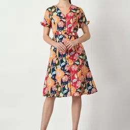 Sangria Floral Printed Tie Ups A-Line Dress With Belt-image-73