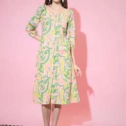 Myshka Floral Printed Puff Sleeves Cotton A-Line Midi Dress-picture-16