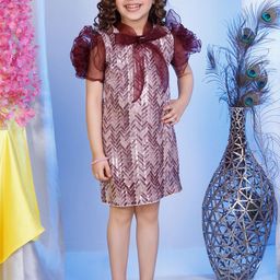 Peppermint Girls Tie-Up Neck Embellished Sequins detail Flutter Sleeve A-Line Dress-image-49