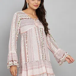 VELDRESS Print Tie-Up Neck Bell Sleeve A-Line Dress-21