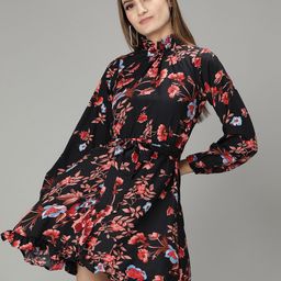 smisingbee Floral Print Tie-Up Neck Puff Sleeve A-Line Dress-picture-45