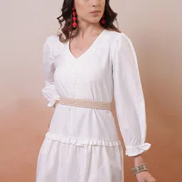 Vishudh White Self Design V-Neck Flared Puff Sleeve A-Line Dress-image-62
