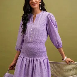 Vishudh Lavender Self Design Mandarin Collar Puff Sleeves Smocked A-Line Dress-image-32