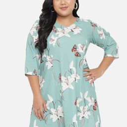 Amydus Women Plus Size Green & White Floral V-neck A-Line Dress-picture-6