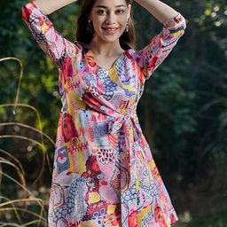 Athena Abstract Printed V-Neck Tie-Up Detail A-Line Dress-picture-2