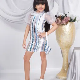 Peppermint Mock Neck Short Puff Sleeves Sequined Net A-Line Dress-52