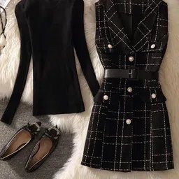 Alamode By Akanksha Rader Set of Top and Woolen Tweed Jumper Dress-image-2