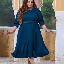 PrettyPlus by Desinoor.com Plus Size Round Neck A-Line Dress With Mirror Belt image 1