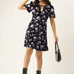 DressBerry Teen Girls Black & Lavender Floral Tie-Up Neck A-Line Dress-image-44