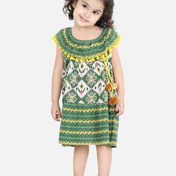 BownBee Girls Green Geometric Printed Cotton A-Line Dress-picture-25