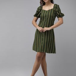 The Roaster Lifestyle Co. Women Olive Green & Yellow Striped A-Line Dress-image-95