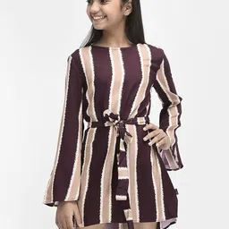 Crimsoune Club Girls Round Neck Long Sleeve Tie-Ups Striped A-Line Dress-picture-14
