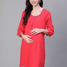 Oxolloxo Round Neck Embellished Crepe Maternity A-Line Dress-image-38
