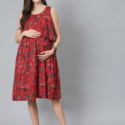 AKS Floral Printed Cotton Maternity A-Line Dress-image-68