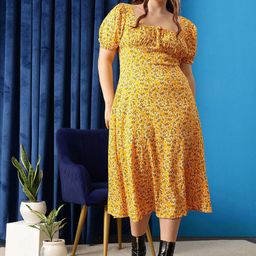CURVY STREET Plus Size Floral Printed Square Neck Gathered Flounce A-Line Dress-picture-1