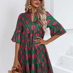 StyleCast Green Geometric Printed Mandarin Collar Bell Sleeves Tiered Empire Dress-image-12
