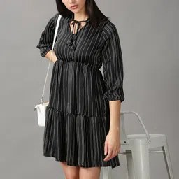 SHOWOFF Women Black & Off White Striped Tie-Up Neck Layered A-Line Dress-image-86