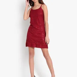 Indietoga Women Plus Size Maroon Embroidered & Sequinned A-Line Knee-Length Strap Dress-picture-3