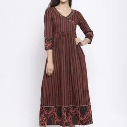 Indibelle V-Neck Striped A-Line Cotton Kurta-image-21