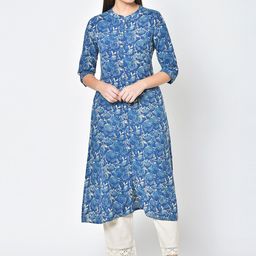 Pistaa Women Blue & White Floral Printed Kurta-image-39