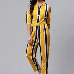 DressBerry Yellow & Blue Striped Shirt Collar Jumpsuit-picture-29