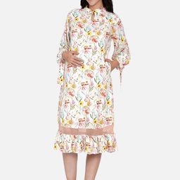 The Kaftan Company Off White & Yellow Floral Keyhole Neck Maternity A-Line Midi Dress-image-47