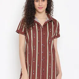 La Intimo Women Brown & Off-White Striped Longline Pure Cotton Shirt Nightdress-10