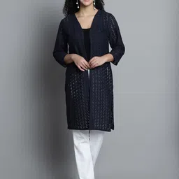 Dressitude Self Design Sheer Cotton Longline Open Front Shrug-14