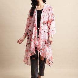 UnaOne Women Floral Printed Longline Open Front Shrug-3