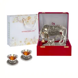 INTERNATIONAL GIFT  3 Pieces Kamdhenu Cow With Calf Statue Figurine With Diya Set-image-93