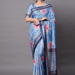 Mitera Blue Silk Blend Floral Printed Saree-image-46