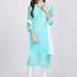 KHAKA Floral Embroidered Round Neck Chikankari Straight Kurta with Trousers & Dupatta-picture-40