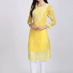 KHAKA Floral Embroidered Georgette Chikankari Straight Kurti With Trousers & Dupatta-picture-18