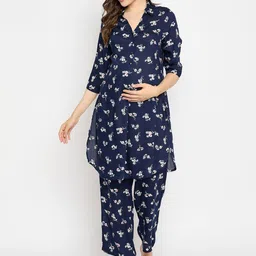 Mine4Nine Floral Printed Shirt Collar Maternity Straight Kurta with Trousers-image-9