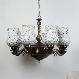 Devansh White & Red Mosaic Design Glass 8 Shades Chandelier-40