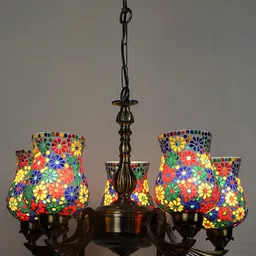 Devansh White & Gold-Toned Mosaic Textured Glass Chandelier Ceiling Lamp-51