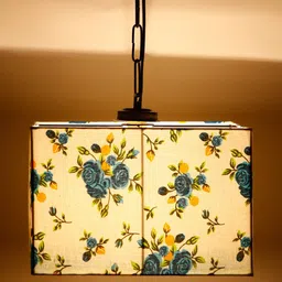 Devansh White & Blue Floral Printed Square Cotton Drum Hanging Lamp-image-12