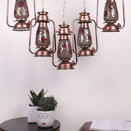 Devansh Copper-Toned & Red Cluster 5 Glass Lantern Hanging Lamps-9