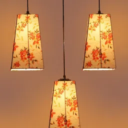 Devansh White & Orange-Colored Cluster 3 Pyramid Hanging Lamps & Printed Cotton Shades-image-88
